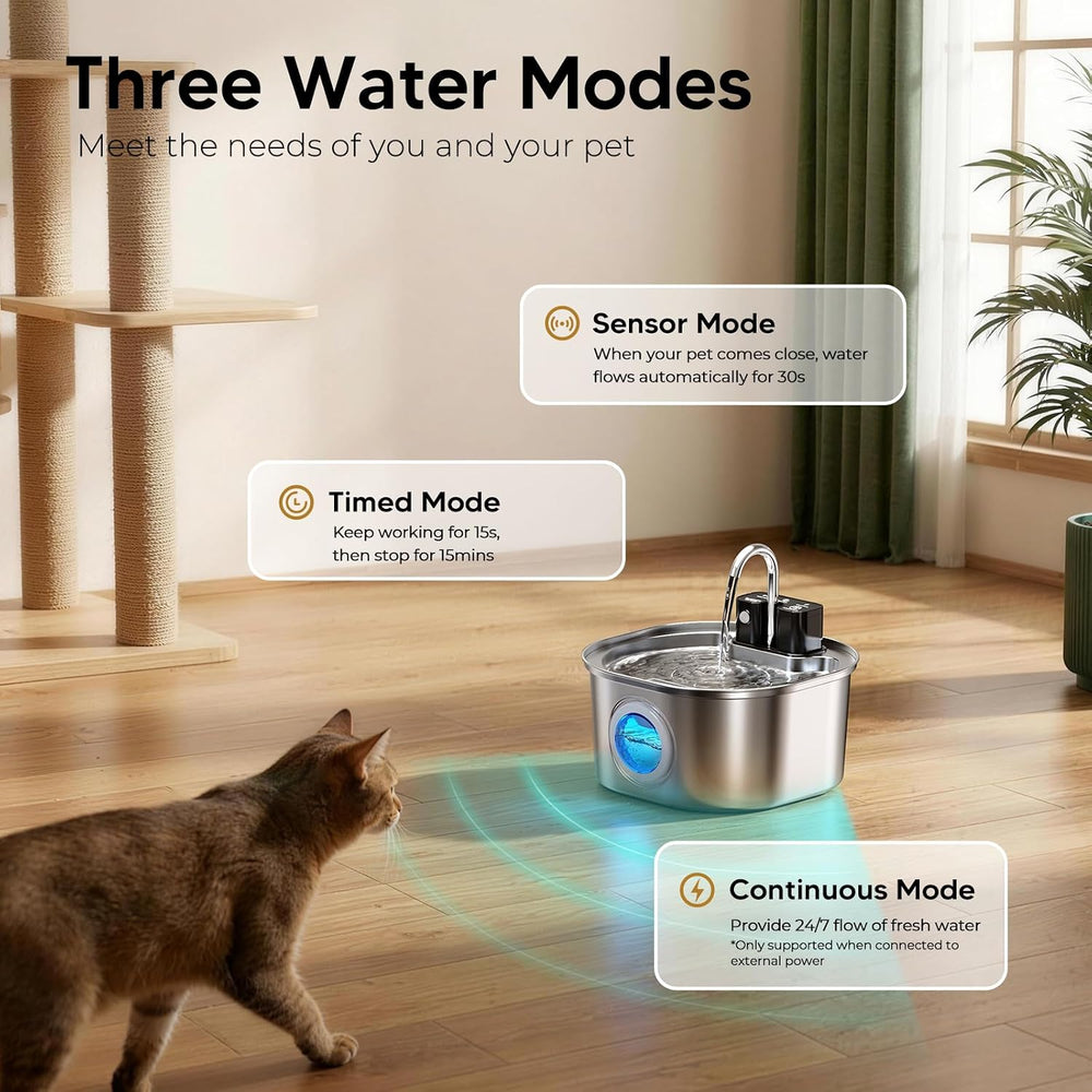 Voluas Stainless Steel Cat Water Fountain, Wireless, 108oz/3.2L, 1 Filter