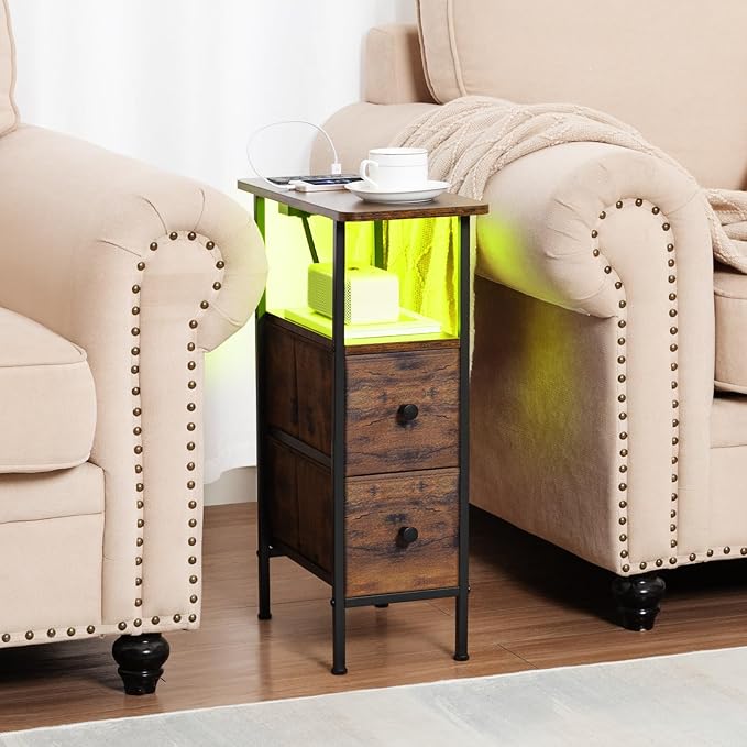 Narrow End Tables Living Room Set of 2 with Charging Station, Skinny Side Tab...