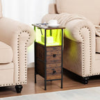 Narrow End Tables Living Room Set of 2 with Charging Station, Skinny Side Table with Fabric Drawers, Slim LED Nightstand for Bedroom, Small Spaces, Couch, Rustic Brown, HETNDP02LPBR