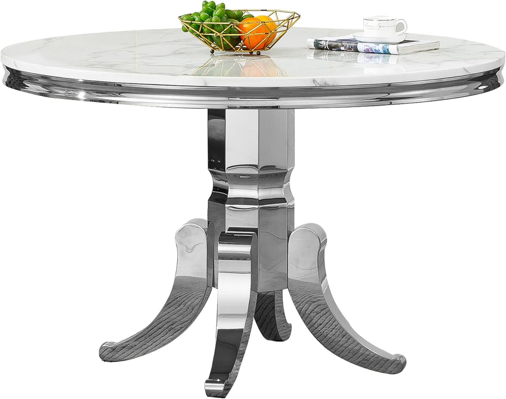 5-Piece White Marble Round Dining Table Set for 4, Modern Faux Marble Kitchen...