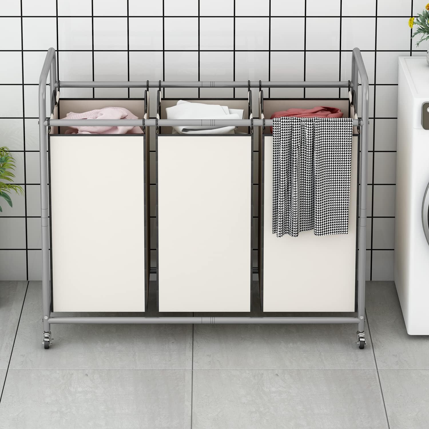 LINZINAR 3-Bag Laundry Sorter,Laundry Hamper Cart with Heavy Duty Rolling Lockable Wheels and Removable Bags (Beige)