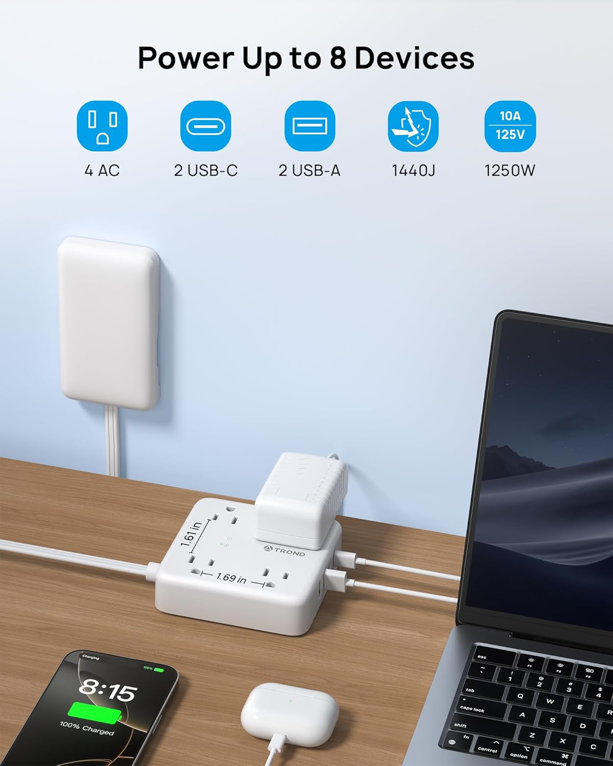 TROND Flat Plug Power Strip with Outlet Cover - 6ft Extension Cord with Multiple Outlets and 4 USB Ports, Mountable Surge Protector Outlet Concealer, Kitchen Home Improvement for Hide Messy, White