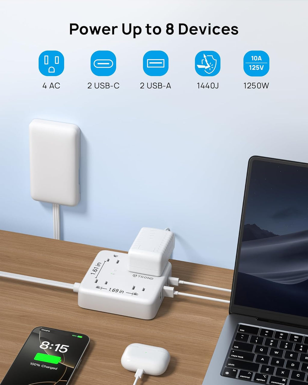 TROND Flat Plug Power Strip with Outlet Cover - 10ft Extension Cord with Multiple Outlets and 4 USB Ports, Mountable Surge Protector Outlet Concealer, Kitchen Home Improvement for Hide Messy, White