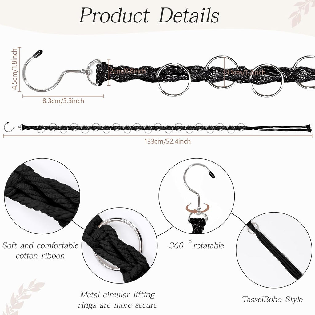 SNOWSTAR Macrame Hair Claw Clip Organizer with Rotating Hook and 20 Metal Rings,Hanging Hair Clip Holder and Storage for Women Girls,Claw Clips Hanger Home Decor for Wall,Door,Closet (Black1PCS)