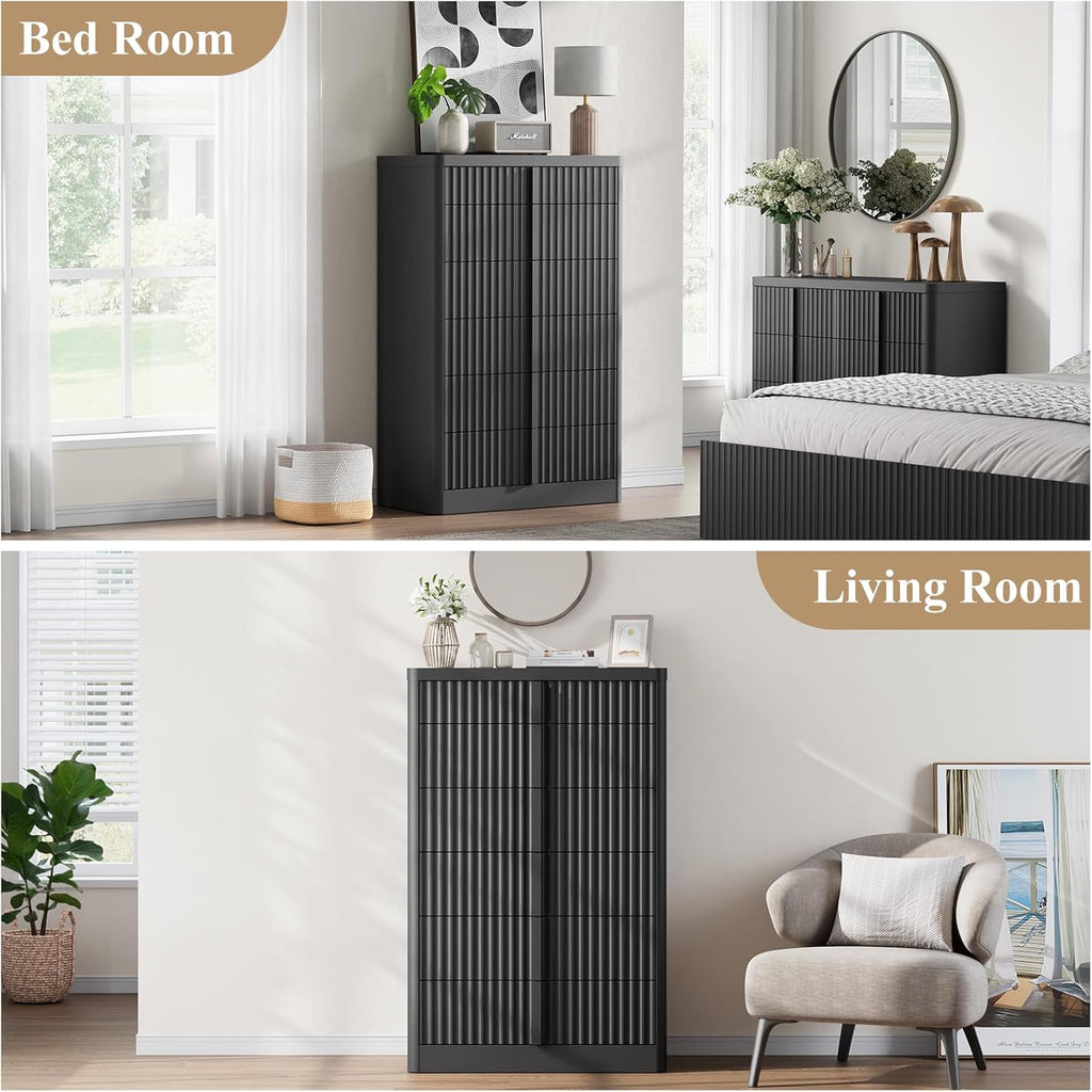 Fluted Dresser for Bedroom, 48" Tall 6 Drawer Dresser, Modern Chest of Drawers with Solid Wood Handle, Curved Profile Design, Wood Dressers Storage Organizer, Living Room, Hallway, Black