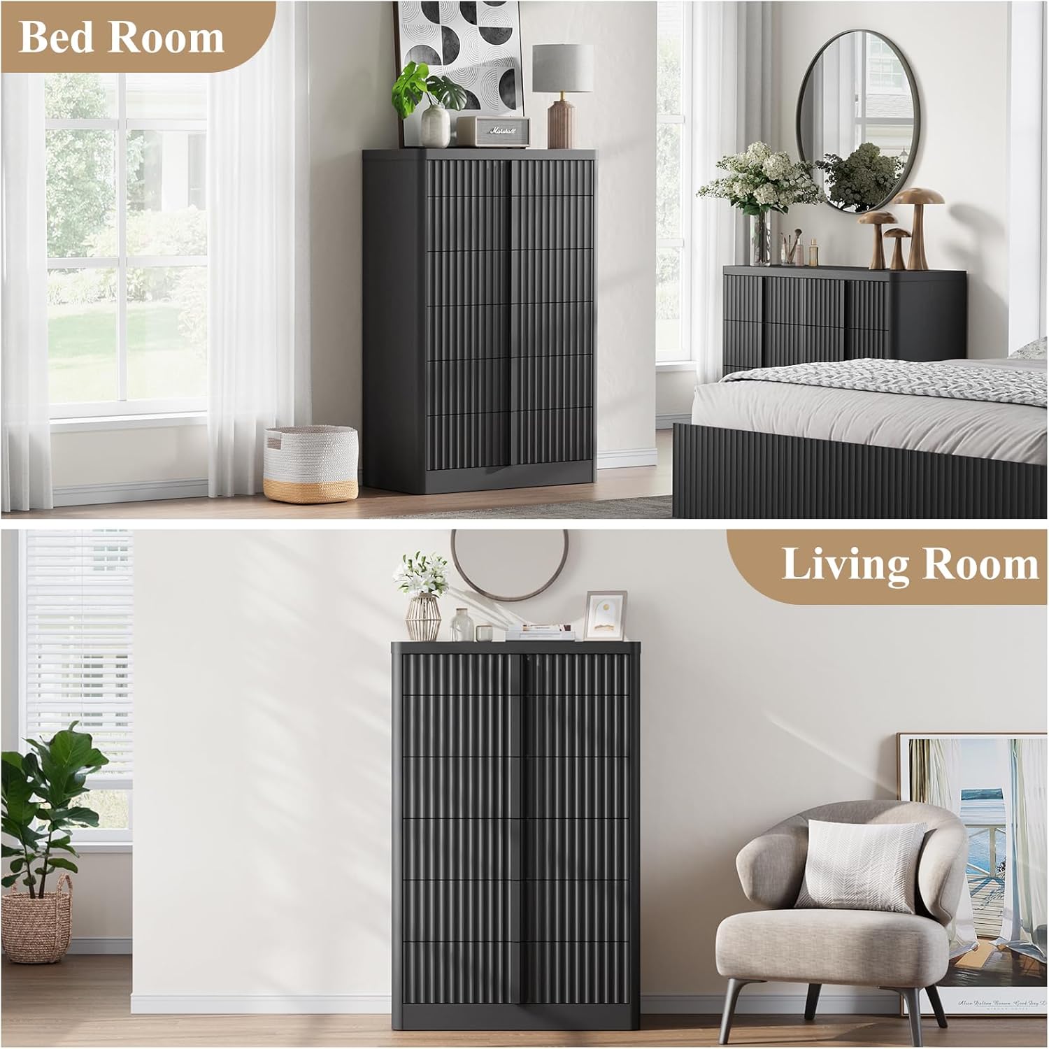 Fluted Dresser for Bedroom, 48" Tall 6 Drawer Dresser, Modern Chest of Drawers with Solid Wood Handle, Curved Profile Design, Wood Dressers Storage Organizer, Living Room, Hallway, Black