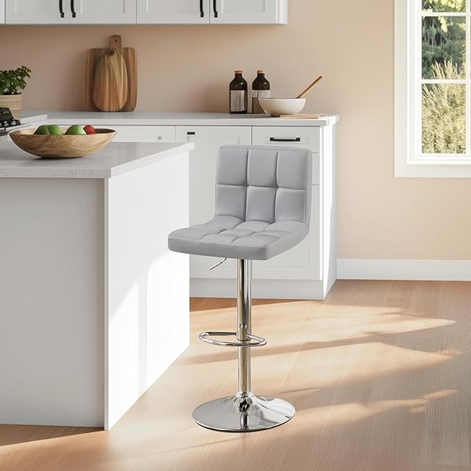 Yaheetech Single Bar Stool, PU Leather Adjustable Barstools, Modern Counter Stools with Back and Footrest, Counter Height Barstools for Bar, Kitchen, Dining Room, Light Gray