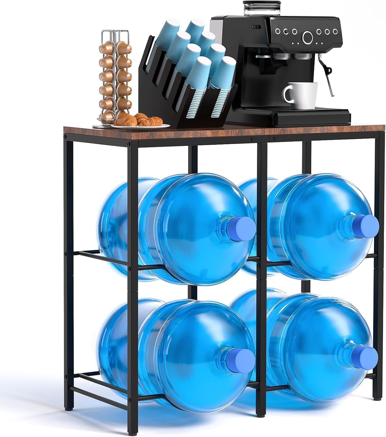Klvied 2-Tier Water Jug Rack, 5 Gal, Wood Top | Heavy duty steel, wooden top shelf, for kitchen, break room, office, holds 5 gal bottles