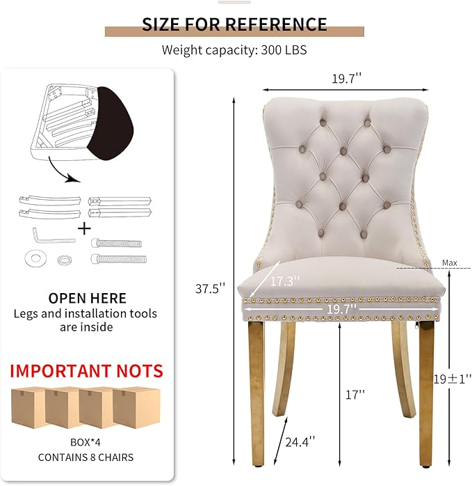 Mid Century Modern Dining Chairs Set of 8, Beige Velvet Upholstered Tufted Back, Kitchen & Dining Room Chairs, Gold Metal Legs, Nailhead Trim, Sillas para Comedor (Beige, 8 Pcs)