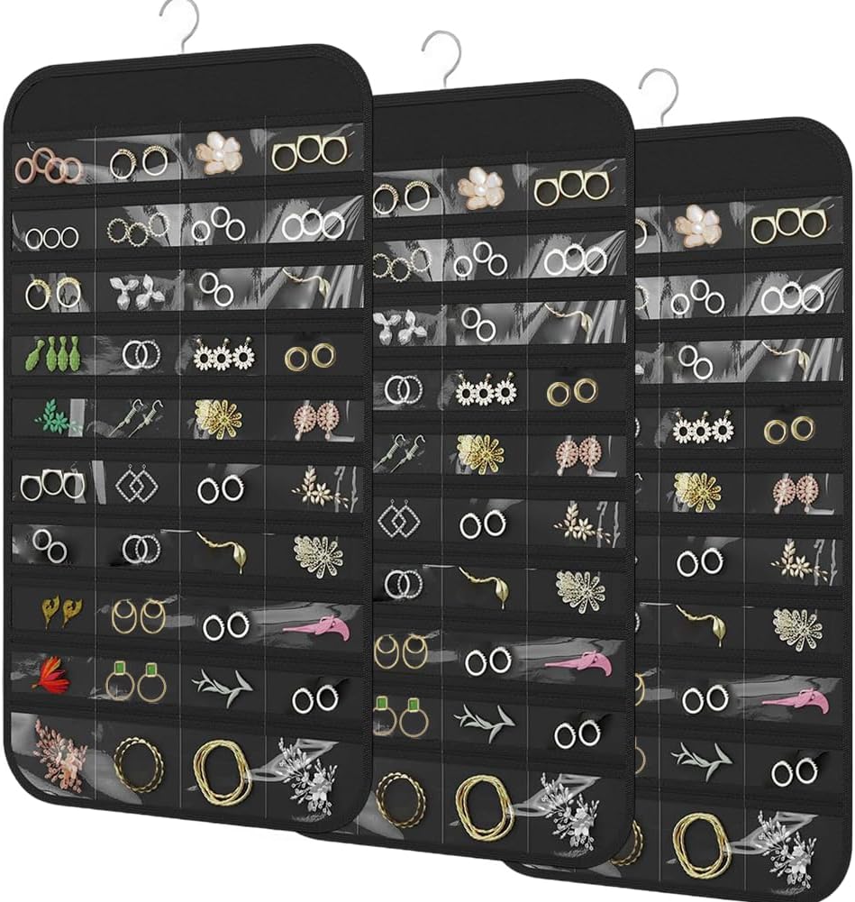 3PCS Hanging Jewelry Organizer with 80 Pocket Double-Sided Jewelry Holder Storage Wall Door Closet Accessories Organizer for Earrings, Necklaces, Rings (Black)
