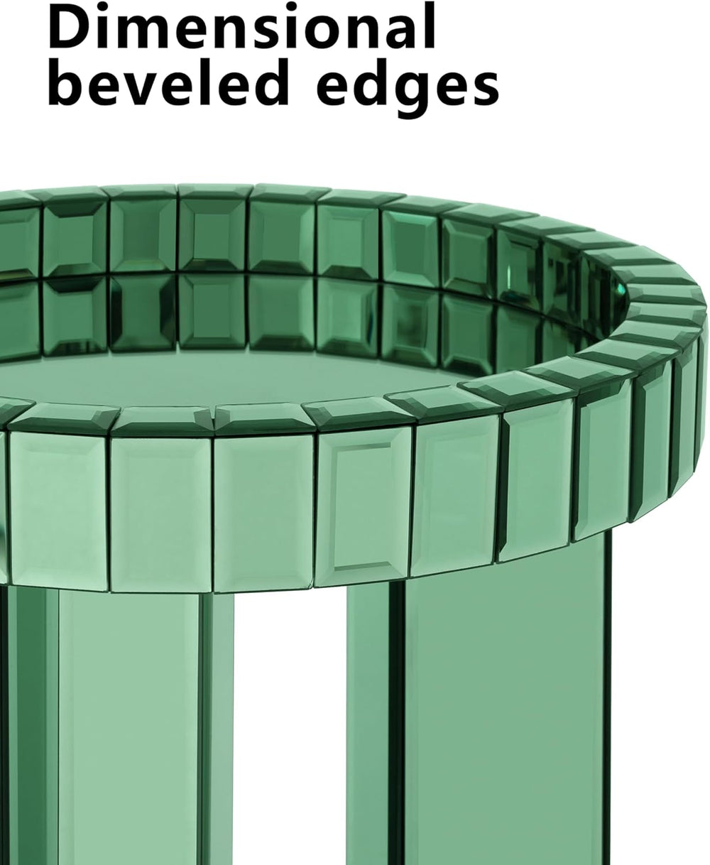 SHYFOY Green Mirrored End Table, 23" H Round Glass Side Table with Three...