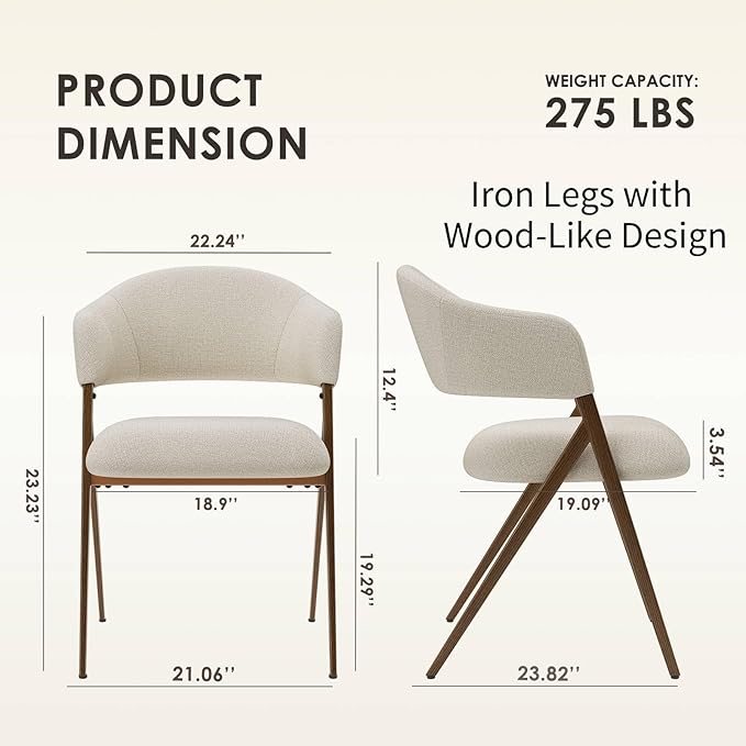COLAMY Dining Chairs Set of 2, Modern Fabric Upholstered Dining Room Kitchen Side Chairs with Iron Legs, Open Back and Padded Seat, for Living Room/Restaurant/Cafe, Beige