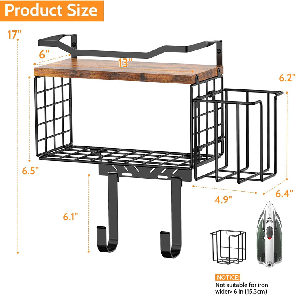 Ironing Board Hanger, T&Y Iron Board Holder Wall Mount with Ironing Caddy, Metal Ironing Board Holder Storage Organizer, Floating Wood Shelf for Laundry Room Decor Accessories Organization