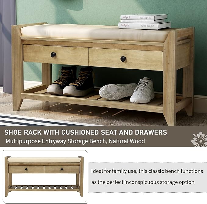 39″ Storage Bench with Cushioned Seat and Drawers,Multipurpose Wooden Entryway Ottoman,Hidden Compartment Organizing Shoe Rack,for Bedroom Hallway Porch,Gray
