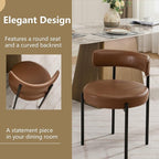 Faux Leather Dining Chairs Set of 6, Upholstered Kitchen and Dining Room Chairs, Mid-Century Modern Dining Chairs with Round Back and Black Metal Legs, Vegan Leather, Brown