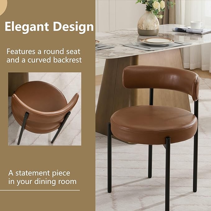 Faux Leather Dining Chairs Set of 4, Upholstered Kitchen and Dining Room Chairs, Mid-Century Modern Dining Chairs with Round Back and Black Metal Legs, Vegan Leather, Brown
