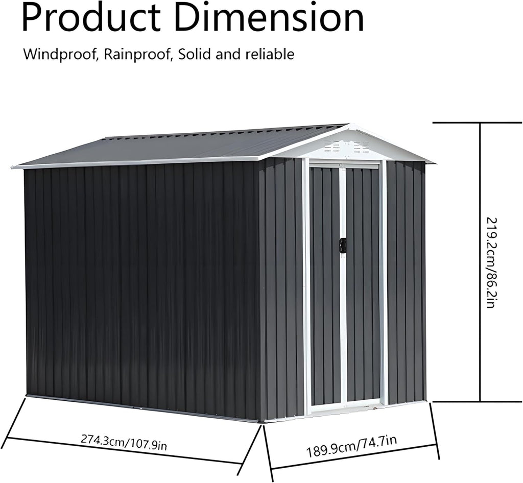 6x9ft Outdoor Metal Storage Shed Waterproof Garden Shed with Lockable Door, Windows & Vents, Tool Metal Storage for Patio Furniture Lawnmower（Grey）