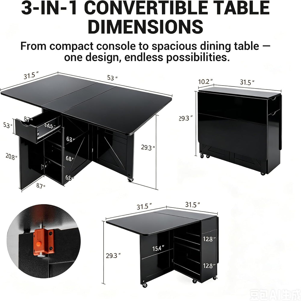 Folding Dining Table with Drawer and Storage Shelves, 53" Space Saving F...