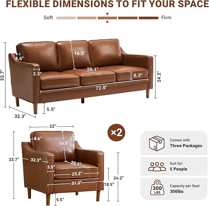 Kingfun Living Room Furniture Sets, 3 Seater Couch and Loveseat, Mid Century Modern Sofa Set, Faux Leather Couch with Solid Wood Frame for Living Room & Bedroom, Dark Brown