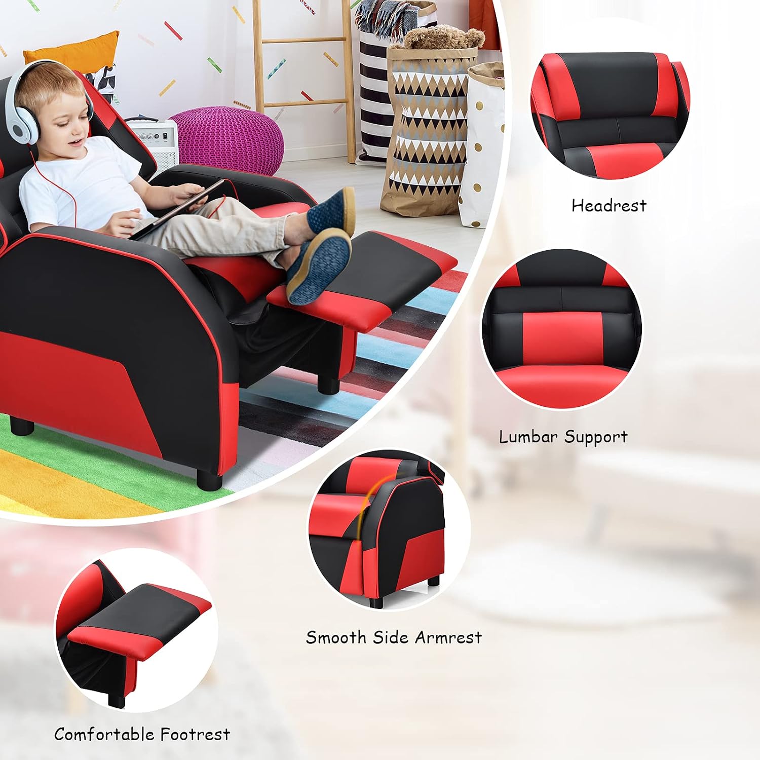 Kids Recliner, PU Leather Kid Lounge Chair w/Footrest, Armrest, Headrest & Lumbar Support, Adjustable Gaming Toddler Sofa Armchair for Boys Girls (Red)
