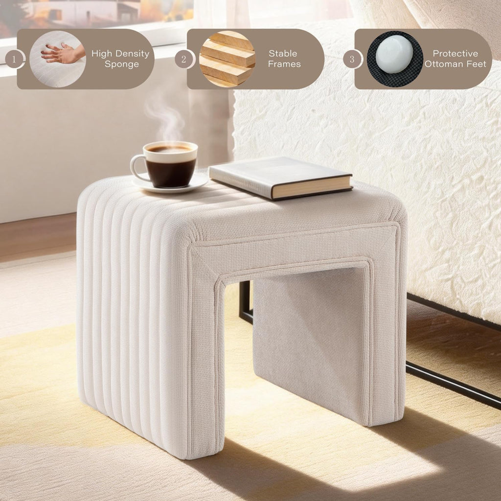 Get Set Style Vanity Stool Chair,Modern Linen Ottoman Foot Stool with Wooden Legs Sofa Bench Footstool Extra Seat for Vanity,Makeup Room,Living Room,Entryway,Office (Fully Assembled) (Beige)