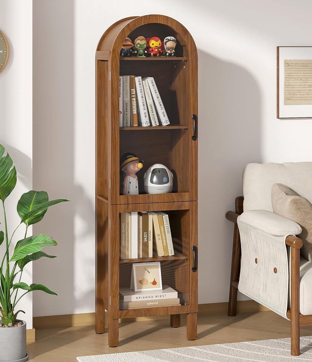 Lxsxlome 64'' Arched Display Cabinet with Acrylic Glass Doors, Walnut