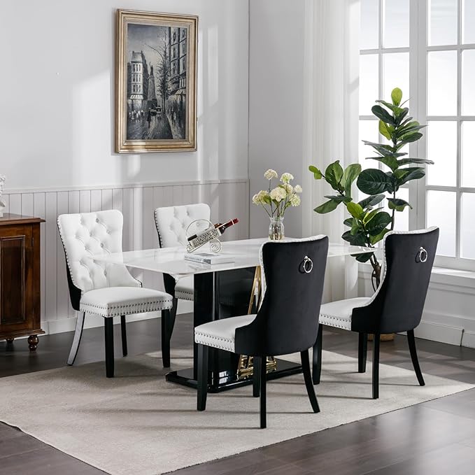 Dining Chairs Set of 2, Upholstered Tufted Dining Room Chairs with High Back, Nailhead Trim and Solid Wood Legs, Modern Dining Chair for Dining Room, White Pu Leather Splicing Black Velvet