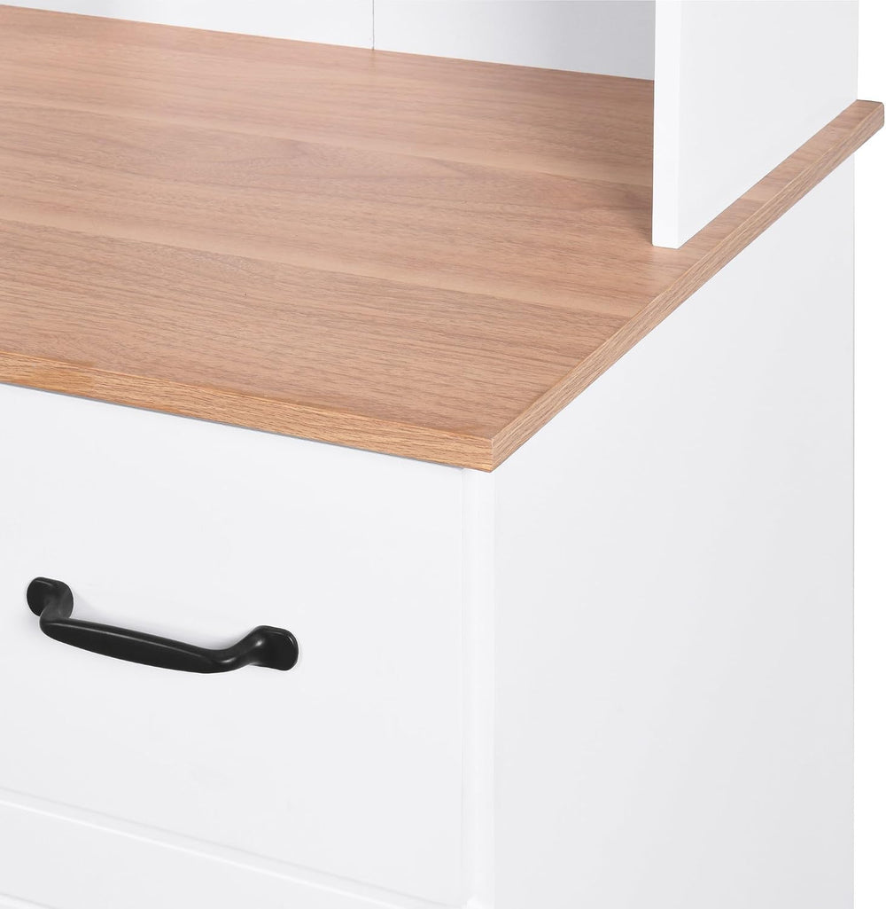 Kitchen Pantry Storage Cabinet with Framed Glass Doors and Drawer, Microwave ...