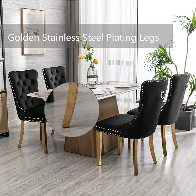 Black Velvet Dining Chairs Set of 4, Upholstered Dining Room Chairs with Back Ring Pull Trim and Golden Stainless Steel Legs,Modern Dining Chairs for Dining Room,Kitchen(Black)