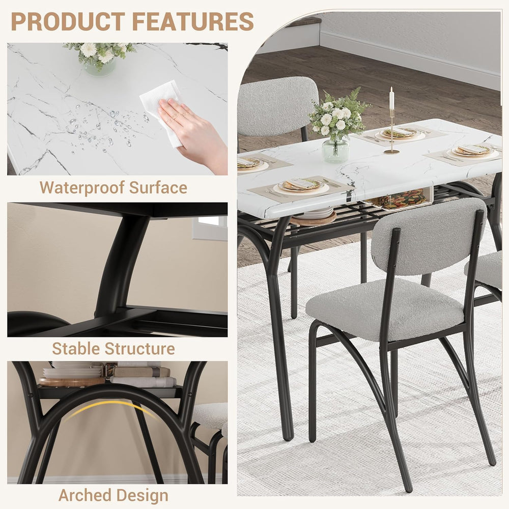 5-Piece Dining Table Set for 4, Modern Kitchen Table with 4 Boucle Chairs, Re...