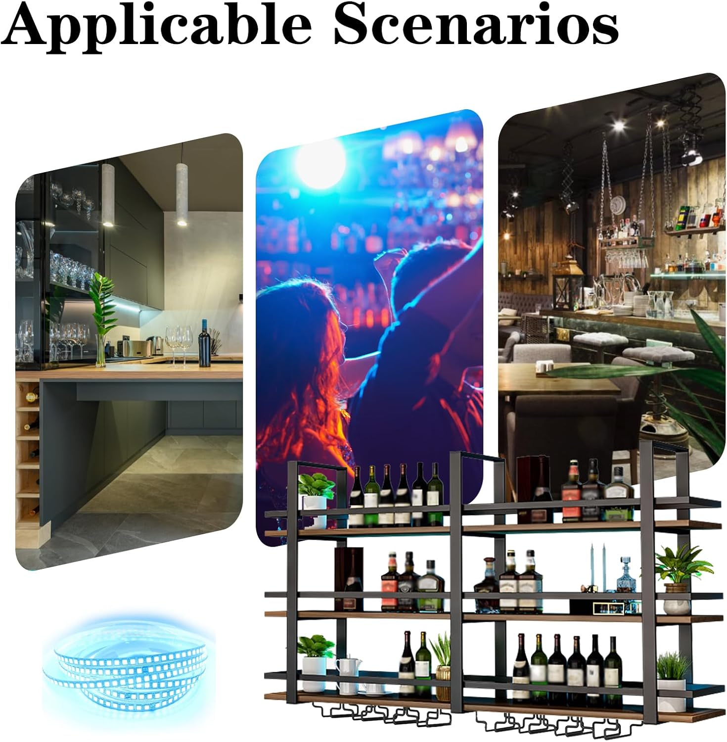 Wall Mounted Wine Rack with LED Light, Metal Liquor Bottles Display Shelf, Floating Shelves Display Storage Organizer, Wall Bar Shelves with Wine Glass Holder for Home Bar Kitchen (black, 39.4in)