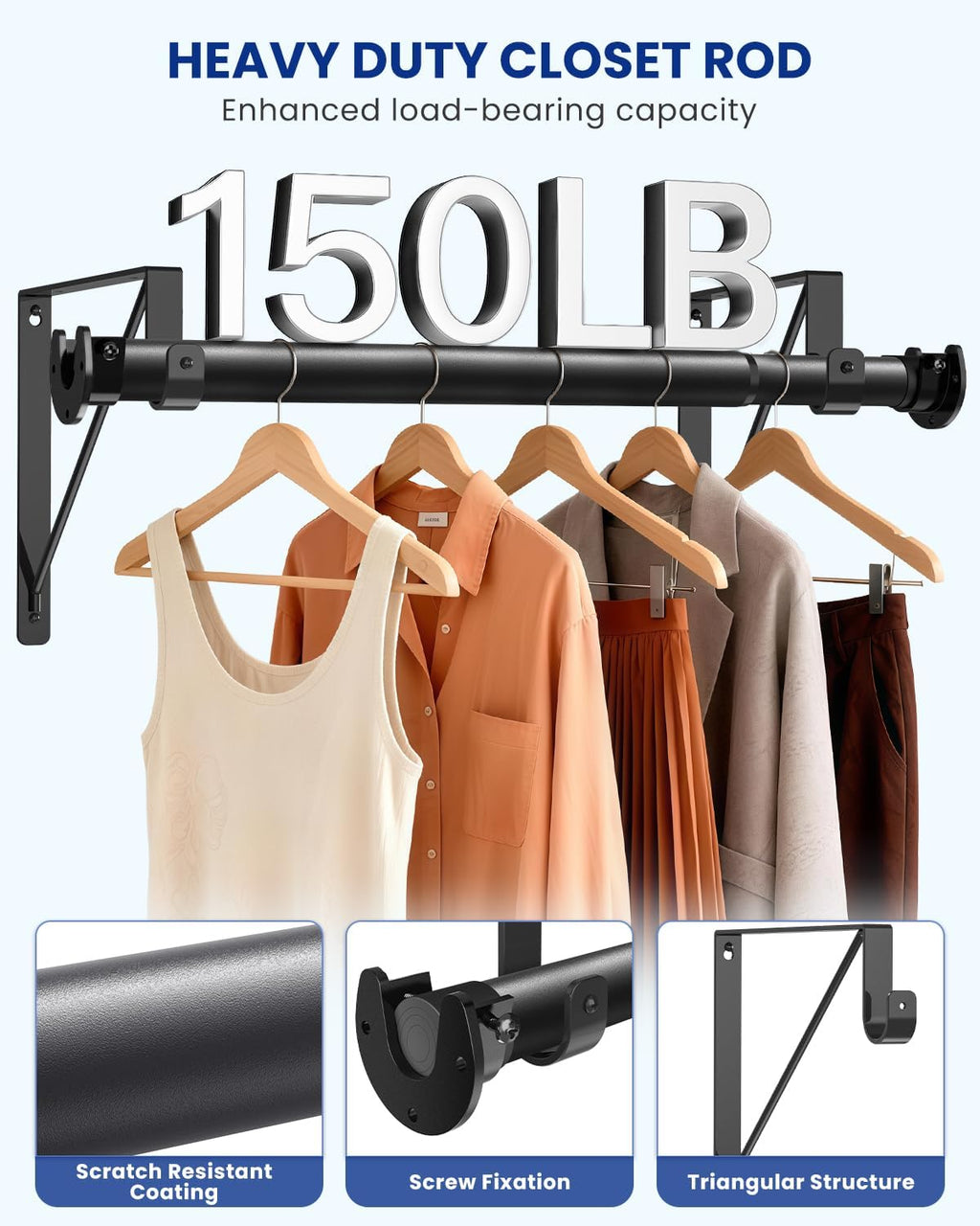 Closet Rods for Hanging Clothes with Triangular Brackets, 17 to 28 Inches Stepless Adjustable Closet Rod, 1.3 Inch Heavy Duty Closet Rod for Closet Wardrobe Laundry RV (Without Board/Black)