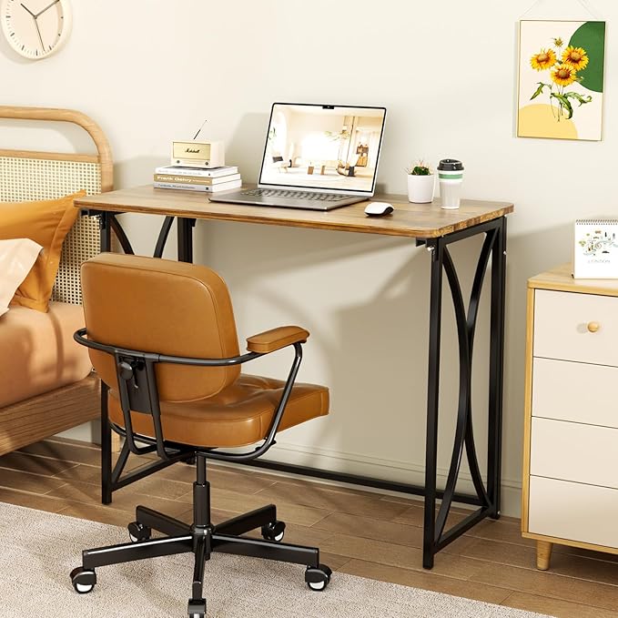 Folding Desk, 31.5" Small Desk for Bedroom, Space Saving Foldable Computer Desk for Home Office, Easy Assembly, Brown