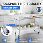 ROCKPOINT Stainless Steel Table for Prep & Work with Caster Wheels 14x30 Inches, NSF Metal Commercial Kitchen Heavy Duty Table with Adjustable Under Shelf and Table Foot for Restaurant, Home and Hotel