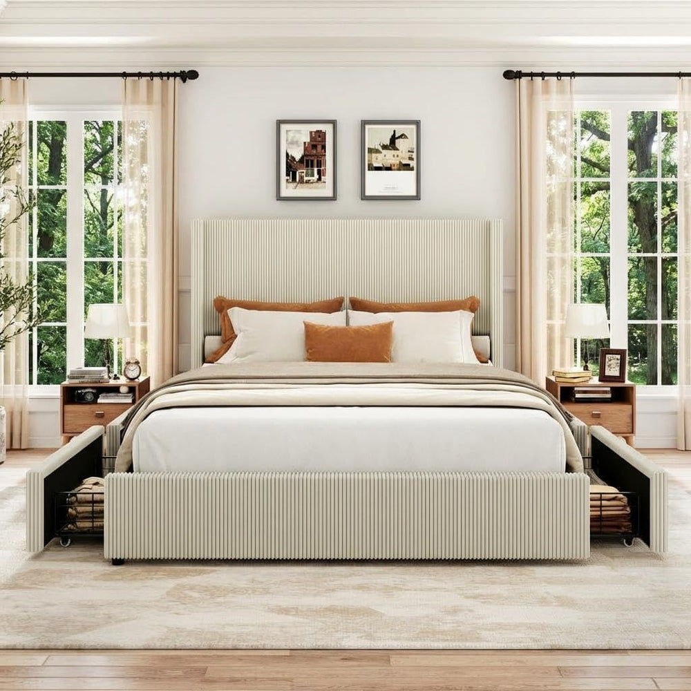 King Bed Frame with 4 Storage Drawers, Corduroy Upholstered Platform Bed