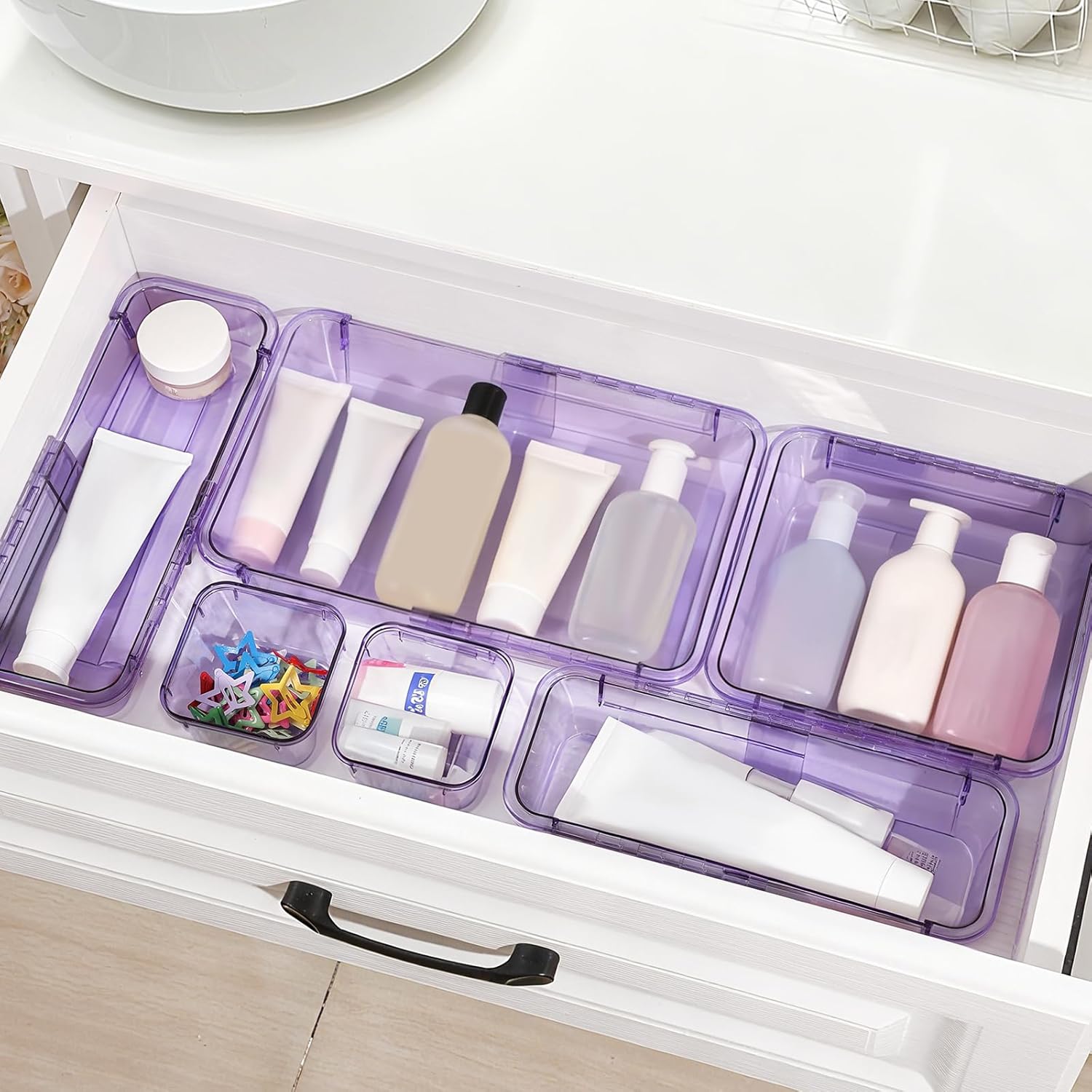 20 Pcs Adjustable Clear Drawer Organizer, Extendable Vanity Storage Bins, Desk Drawer Organizer Set for Makeup, Cosmetics, Bedroom, and Gadgets, Purple
