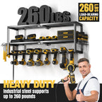 YYR Heavy Duty Power Tool Organizer with Charging Station, Cordless Drill Hanger Storage Rack, Battery Tools Holder Wall Mount Shelf for Garage - 32 Inch Equipped with Surge Protection Power Strip