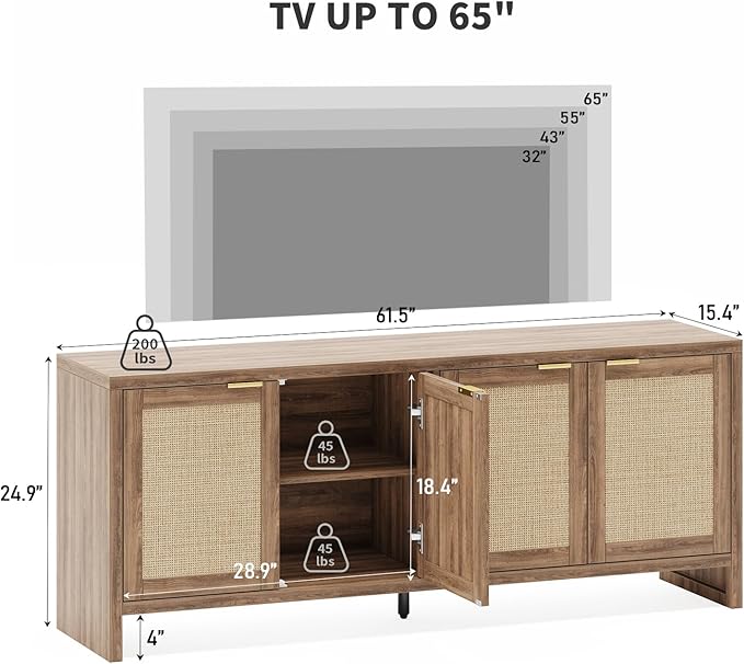 61.5" Rattan TV Stand for TVs up to 65 Inch, 4-Door Boho Entertainment Center with Reinforced Storage Shelf, Modern Media Console & Storage Cabinet for Living Room, Bedroom, Walnut
