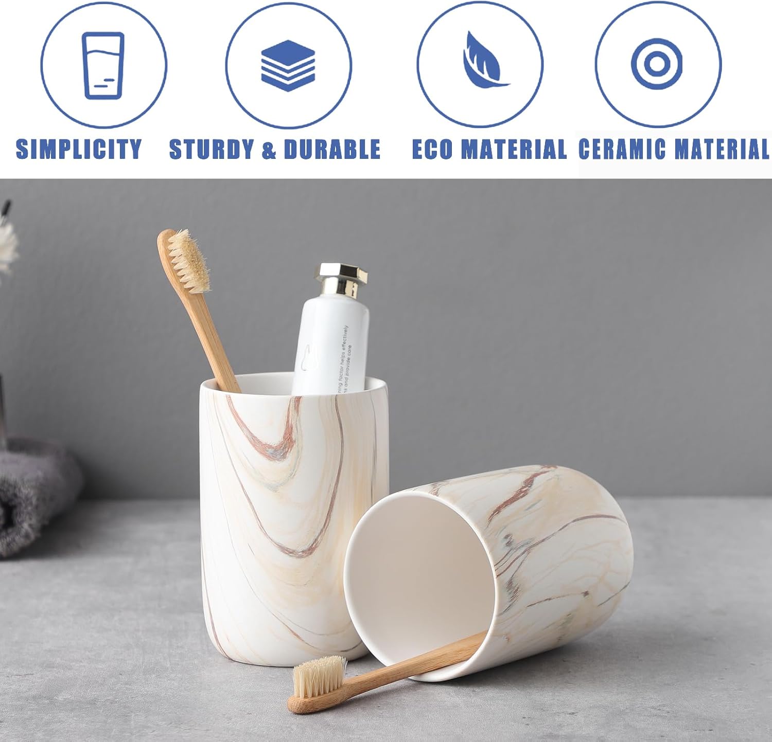 Brown Marble Toothbrush Holders - Ceramic Toothbrush Holders for Bathrooms, Toothbrush Toothpaste Holders, 2 Marble Bathroom Tumbler Cups Reusable Toothbrush Mouthwash Cup, Bathroom Counter Organizer