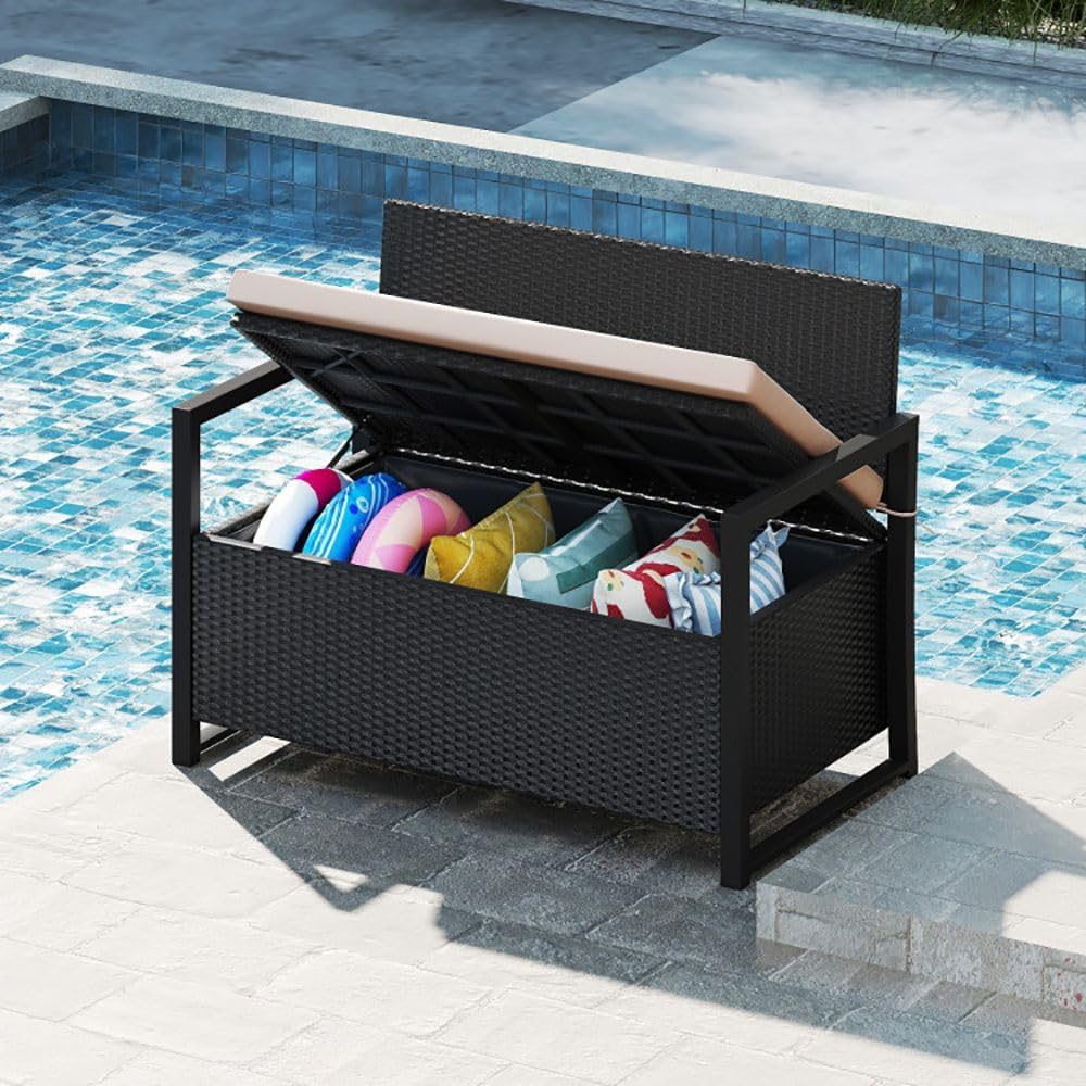 PE Rattan Outdoor Storage Loveseat Brown UV-Resistant Woven Rattan Pattern, 4...