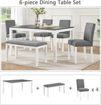 KEIKI 6-Piece Standard Height Dining Table Set with Rectangular Table, 4 Upholstered Curved Backrset Chair, Bench, for 6 Person, Modern Table Set, Easy Assembly, for Kitchen, Dining Room, White+Gray