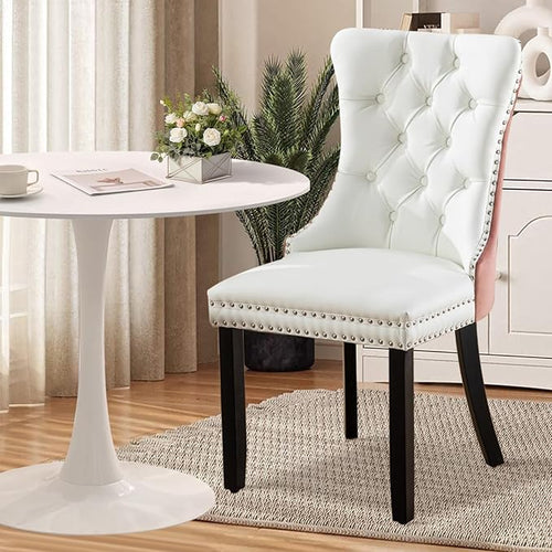 3-Pieces 31.5" Round Dining Table Set for 2, White Dining Table & PU & Velvet Upholstered Dining Chairs Set of 2 for Kitchen Dining Room Apartment Small Space(Pink & White Chairs)
