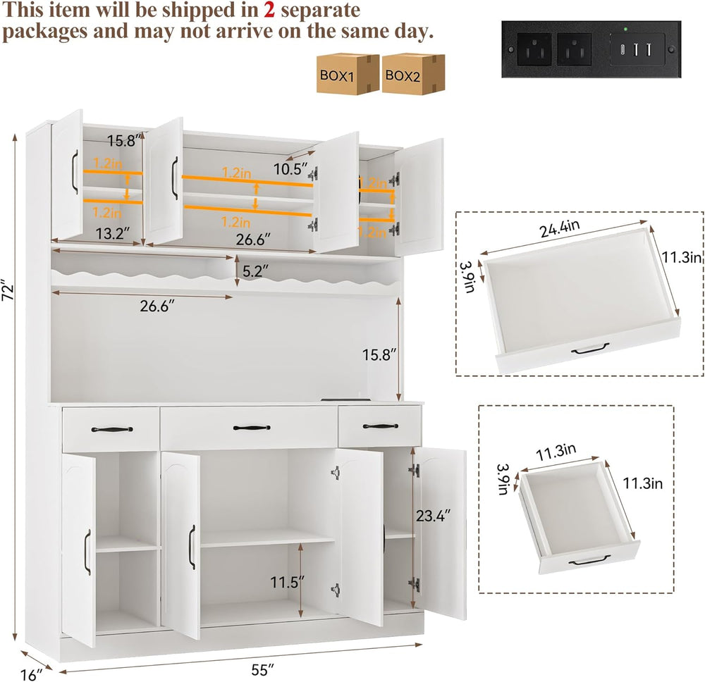 White 72" Tall Kitchen Pantry Cabinet with Charging Station 55" Wid...
