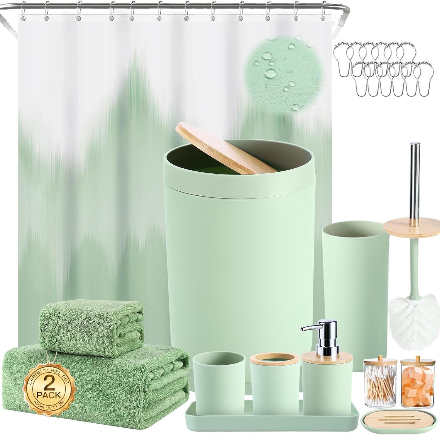 iMucci Bathroom Accessories Bathroom Sets with Shower Curtain, Bath Towel Set, Trash Can, Toilet Brush, Soap Dispenser, Bathroom Accessories Set Complete
