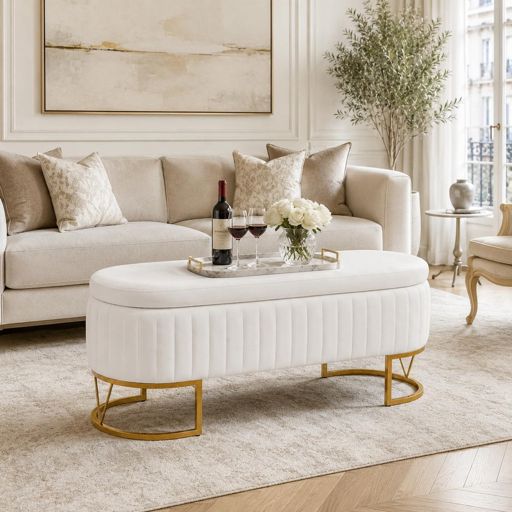 Velvet Storage Bench for Queen Size Bed, 46'' Beige Oval Ottoman, Gold Legs | Easy Assembly, Housewarming Gift, Bedroom, Living Room & Entryway