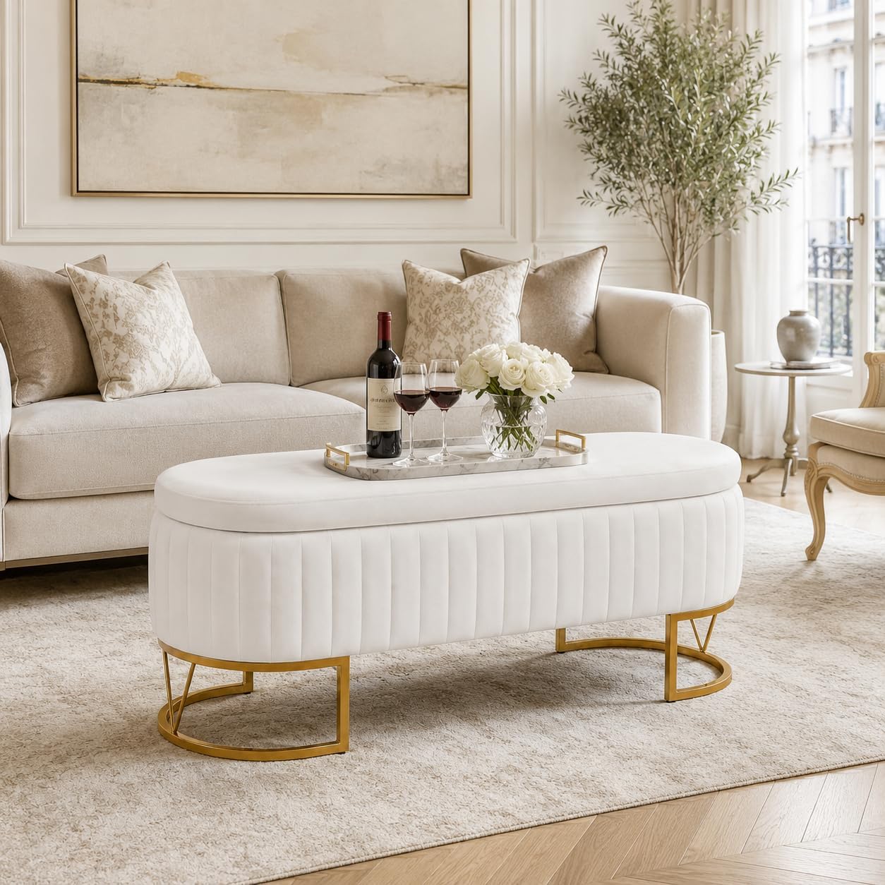Velvet Storage Bench for Queen Size Bed, 46'' Beige Oval Ottoman, Gold Legs | Easy Assembly, Housewarming Gift, Bedroom, Living Room & Entryway