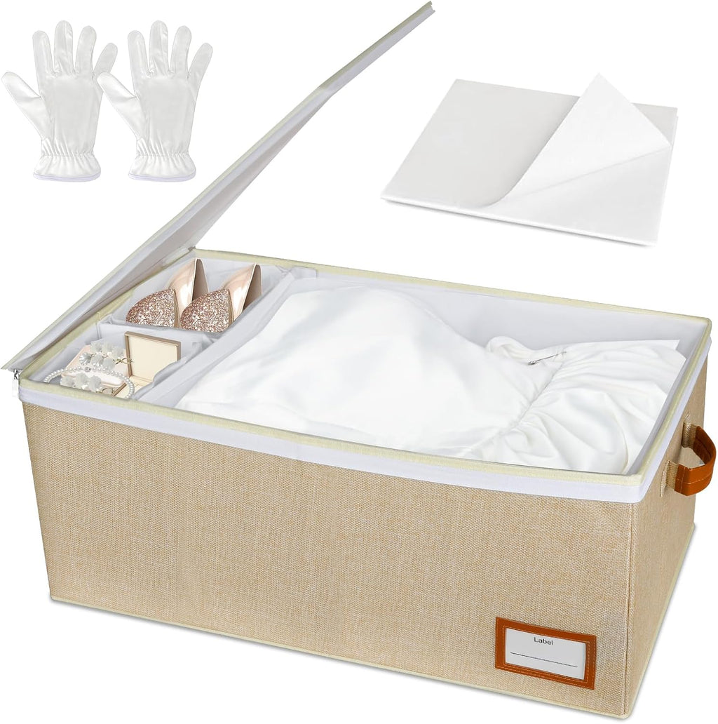 Lukeline Wedding Dress Storage Box, Wedding Dress Preservation Box with Divider, Foldable Organizer with 1 Pair of Microfiber Gloves and 20 Sheets of Acid-Free Paper for Gowns,Souvenirs