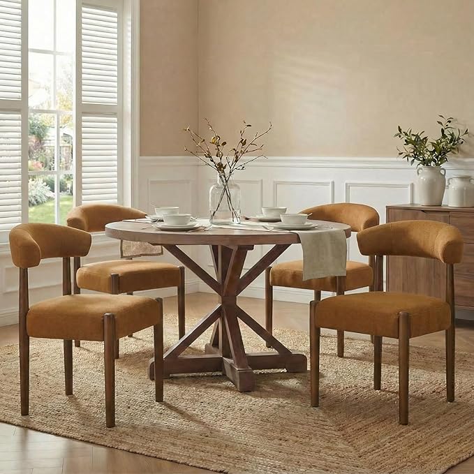 VKNOW Wooden Dining Chairs Set of 4, Modern Upholstered Dining Room Chairs with Walnut Wood Legs and Curved Backrest, Fabric Kitchen Chairs for Farmhouse/Living Room/Dining Room, Orange