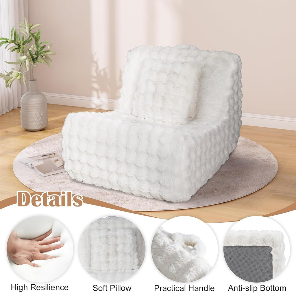 Bean Bag Chair for Adults, Giant Bean Bag Sofa with Soft Pillow, Comfy Faux Fur Fireside Beanbags with Handle for Living Room, Bedroom, Apartment, Bubble White