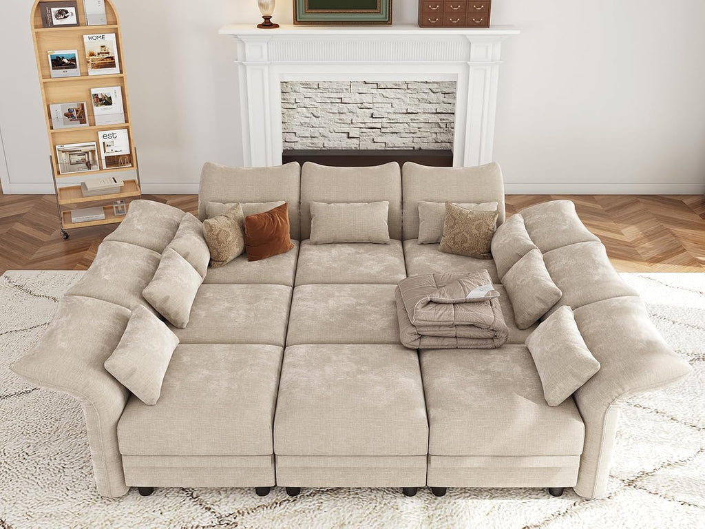 LLappuil 102" Modular Sectional Sofa with Storage Seat, Cozy Chenille Sleeper Sectional Couches for Living Room with Adjustable Armrest Backrest, Khaki